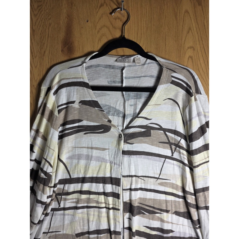 LOGO Lori Goldstein Women XL Cardigan Abstract Brushstroke Brown Sharkbite Hem